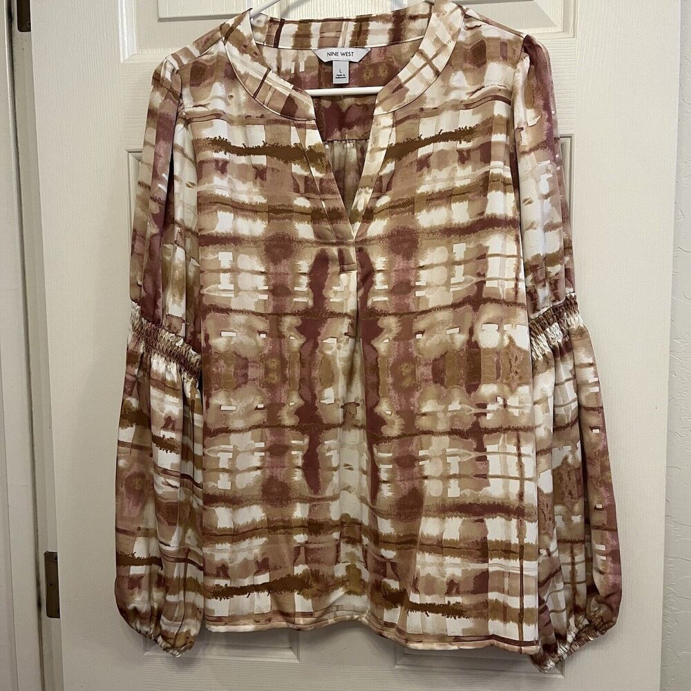 Nine West Size Large Smocked Puff Sleeve Popover Top Women NWT